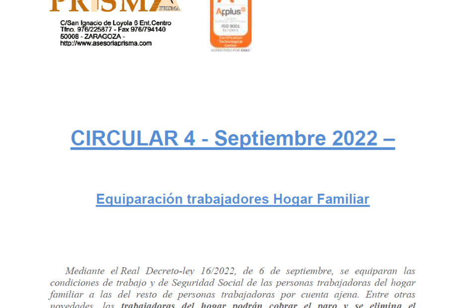 Circular 4 Septiembre 22equiparación trabajadores hogar familiar