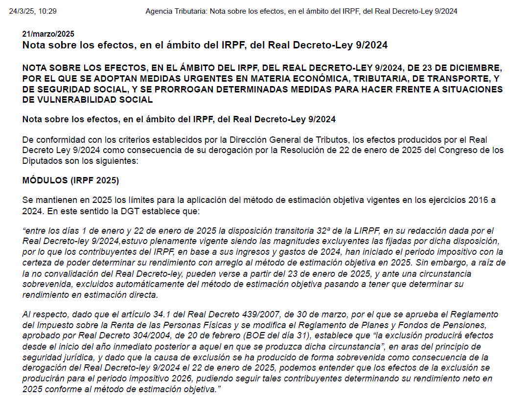 Agencia Tributaria Nota sobre los efectos en el ámbito del IRPF del Real Decreto Ley 9 2024